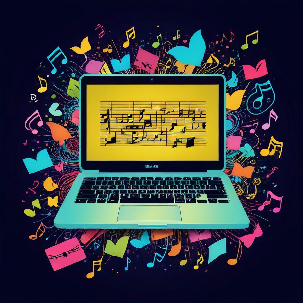 A whimsical and nostalgic scene featuring a vintage laptop surrounded by colorful music notes and charming file icons floating in the air. The background should be filled with elements reminiscent of the early 2000s internet culture, with bright, vibrant colors and a playful ambiance. Include subtle references to LimeWire like the logo, integrated into the aesthetics. The overall mood should evoke feelings of warmth and creativity associated with sharing music. vibrant colors. digital art. retro style.