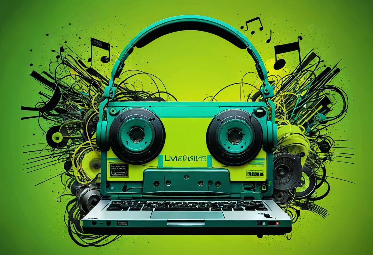 A vibrant lime green and teal colored digital collage representing the essence of peer-to-peer music sharing. Include nostalgic elements like vintage cassette tapes, modern headphones, and swirling musical notes, all intertwined in a dynamic and abstract way. Incorporate a user-friendly interface of LimeWire on a laptop screen, blending old and new aesthetics. Create an inviting, energetic feel that captures the excitement of sharing music. super-realistic. vibrant colors. dynamic composition.