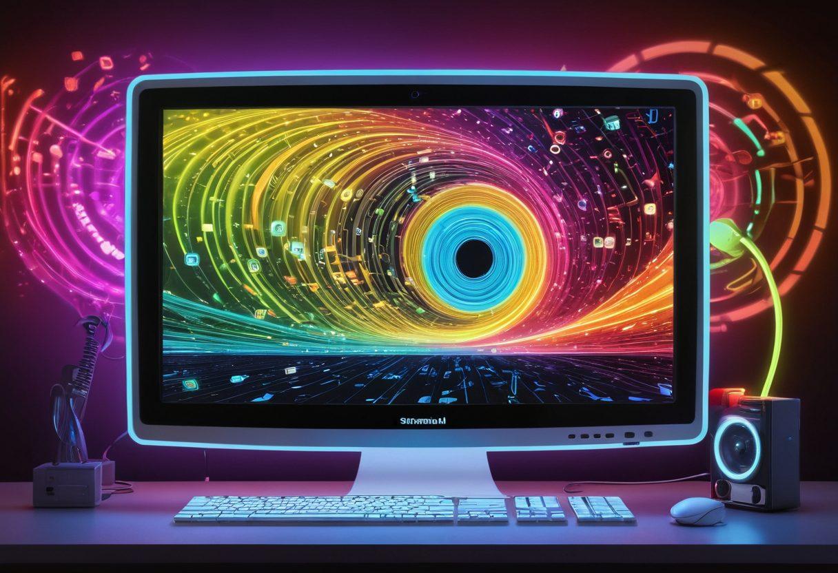 A vintage computer screen displaying the LimeWire logo, surrounded by colorful musical notes and vibrant images of film reels and icons representing visual art downloads. Incorporate a nostalgic 2000s tech vibe, with a swirling background of data streams and music waves merging into a lively atmosphere. Neon colors create an energetic feel, reminiscent of a digital haven for file sharing. retro-futuristic. vibrant colors. 3D.